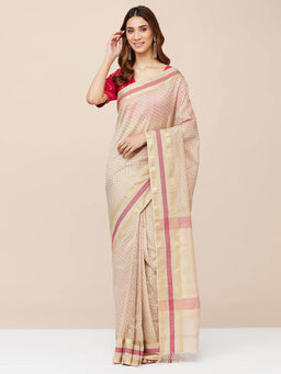 Fabindia - Beige Cotton Silk Blend Hand Block Printed Stitched Saree without Blouse