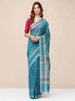 Fabindia - Teal Cotton Silk Blend Hand Block Printed Stitched Saree without Blouse
