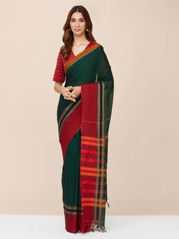 Fabindia - Green Cotton Woven Stitched Saree without Blouse