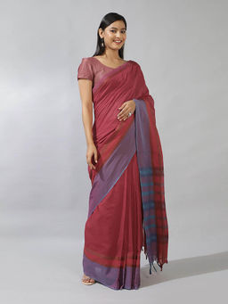 Fabindia - Red Cotton Woven Saree without Blouse Stitched