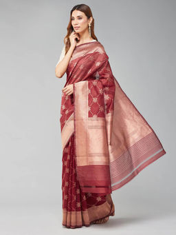 Fabindia - Red Cotton Silk Blend Woven Saree without Blouse
