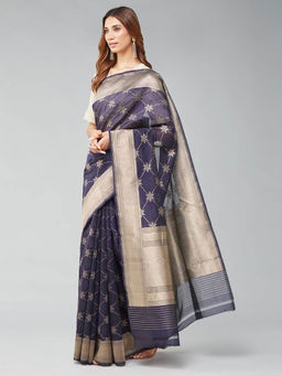 Fabindia - Navy Cotton Silk Blend Woven Saree without Blouse
