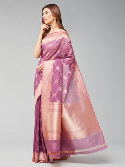 Fabindia - Purple Cotton Silk Blend Woven Saree without Blouse