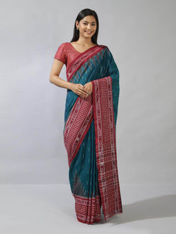 Fabindia - Teal Cotton Ikat Saree without Blouse