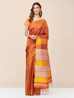 Fabindia - Orange Silk Hand Woven Saree without Blouse