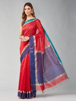 Fabindia - Red Cotton Silk Blend Maheshwari Saree without Blouse