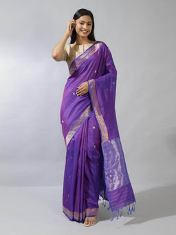 Fabindia - Purple Cotton Silk Blend Banarsi Saree without Blouse