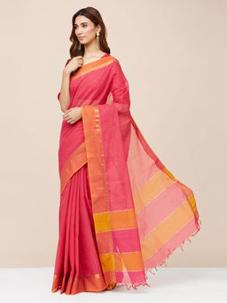 Fabindia - Pink Cotton Woven Saree without Blouse