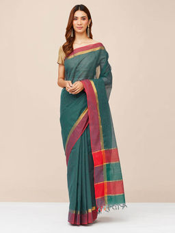 Fabindia - Green Cotton Woven Saree without Blouse