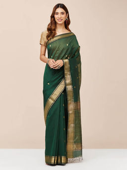 Fabindia - Green Cotton Silk Blend Woven Saree without Blouse
