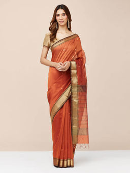 Fabindia - Orange Cotton Silk Blend Woven Saree without Blouse