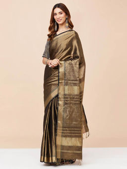 Fabindia - Black Cotton Silk Blend Woven Saree without Blouse
