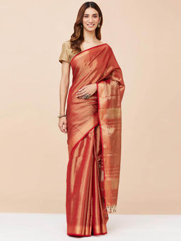 Fabindia - Red Cotton Silk Blend Woven Saree without Blouse