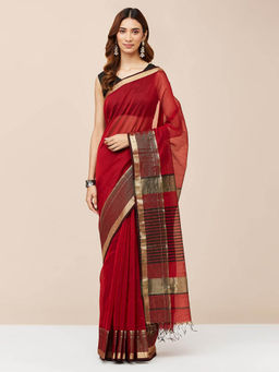 Fabindia - Maroon Cotton Silk Blend Woven Saree without Blouse