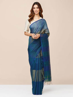 Fabindia - Blue Cotton Silk Blend Woven Saree without Blouse