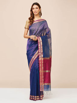 Fabindia - Blue Cotton Silk Blend Saree without Blouse
