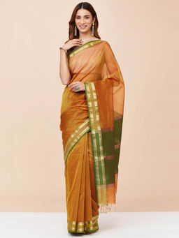 Fabindia - Yellow Cotton Silk Blend Woven Saree without Blouse