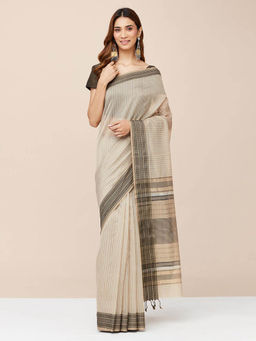 Fabindia - Beige Cotton Silk Blend Striped Saree without Blouse