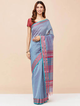 Fabindia - Teal Cotton Silk Blend Woven Saree without Blouse