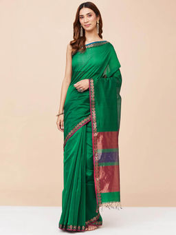 Fabindia - Green Cotton Silk Blend Saree without Blouse