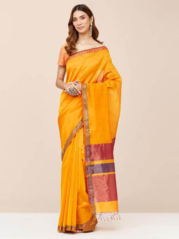Fabindia - Orange Cotton Silk Blend Saree without Blouse