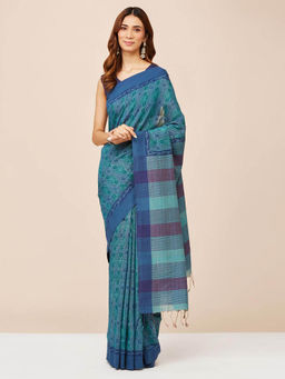 Fabindia - Teal Cotton Silk Blend Saree without Blouse