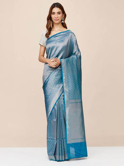 Fabindia - Teal Viscose Blend Woven Saree without Blouse