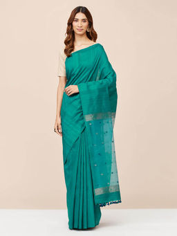 Fabindia - Teal Silk Woven Saree without Blouse