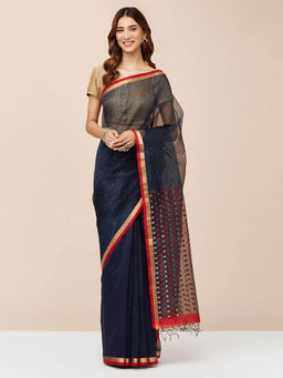 Fabindia - Navy Cotton Silk Blend Woven Saree without Blouse