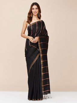 Fabindia - Black Silk Striped Saree without Blouse