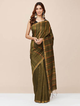 Fabindia - Green Silk Striped Saree without Blouse