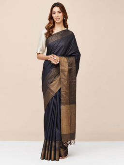 Fabindia - Black Silk Blue Woven Saree without Blouse