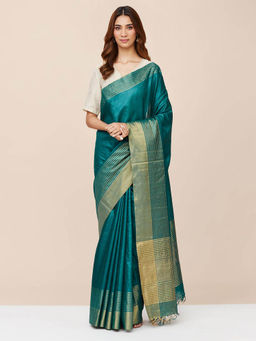 Fabindia - Teal Silk Blend Woven Saree without Blouse