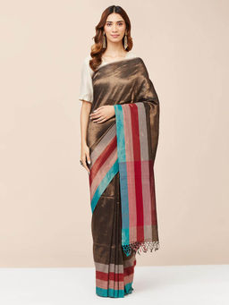 Fabindia - Brown Cotton Woven Saree without Blouse