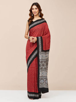 Fabindia - Red Modal Printed Saree without Blouse