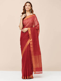Fabindia - Maroon Cotton Woven Saree without Blouse