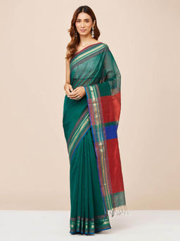 Fabindia - Green Cotton Silk Blend Saree without Blouse