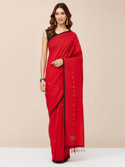 Fabindia - Red Cotton Woven Saree without Blouse