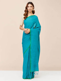 Fabindia - Teal Cotton Woven Saree without Blouse