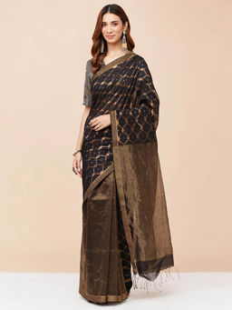 Fabindia - Black Cotton Silk Blend Woven Saree without Blouse