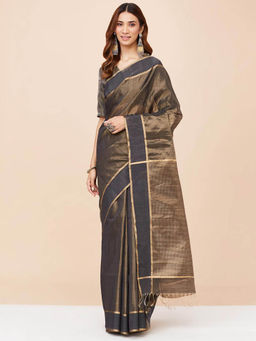 Fabindia - Black Cotton Silk Blend Woven Saree without Blouse