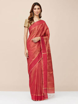 Fabindia - Red Cotton Silk Blend Woven Saree without Blouse