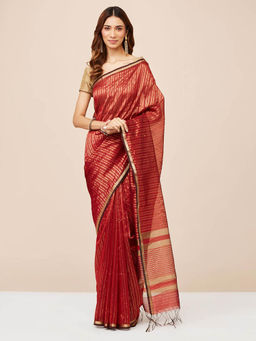 Fabindia - Maroon Cotton Silk Blend Saree without Blouse