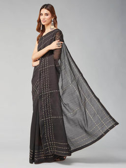 Fabindia - Black Cotton Silk Blend Embellished Saree without Blouse