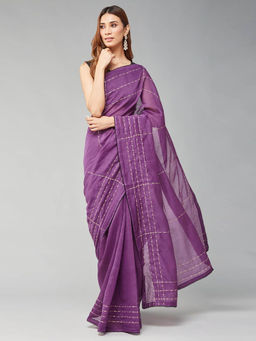 Fabindia - Purple Cotton Silk Blend Embellished Saree without Blouse