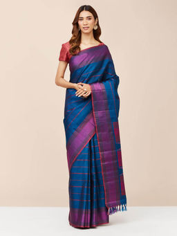 Fabindia - Blue Silk Woven Saree without Blouse