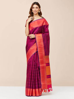 Fabindia - Wine Silk Woven Saree without Blouse