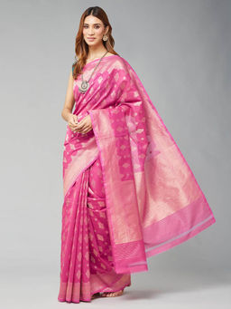 Fabindia - Pink Cotton Silk Blend Woven Saree without Blouse