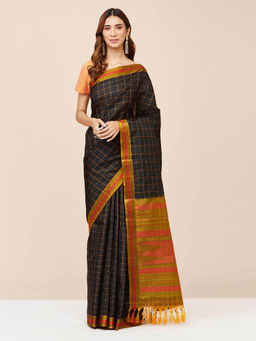 Fabindia - Black Silk Checks Saree without Blouse