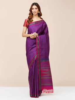 Fabindia - Purple Silk Checks Saree without Blouse